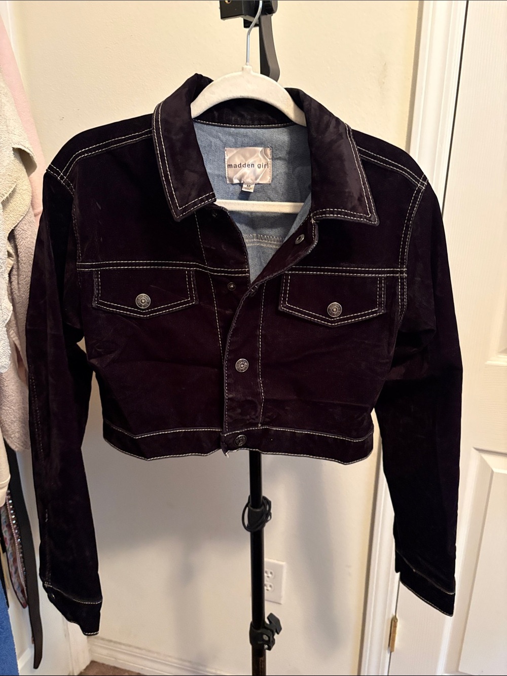 Madden Girl Cropped Velvet Jean Jacket in Black with white lining